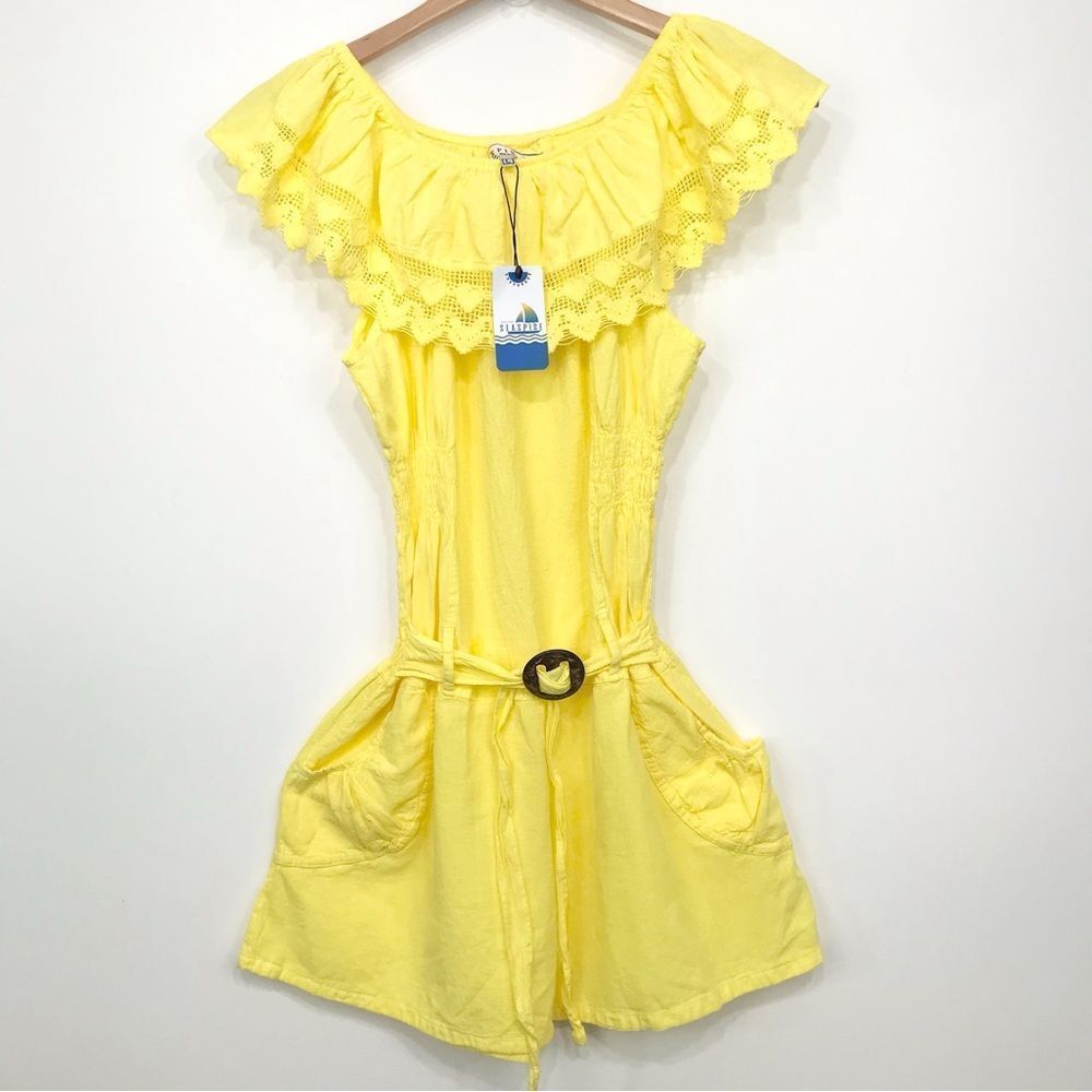 Bright Yellow Off-Shoulder Ruffle Romper with Belt
